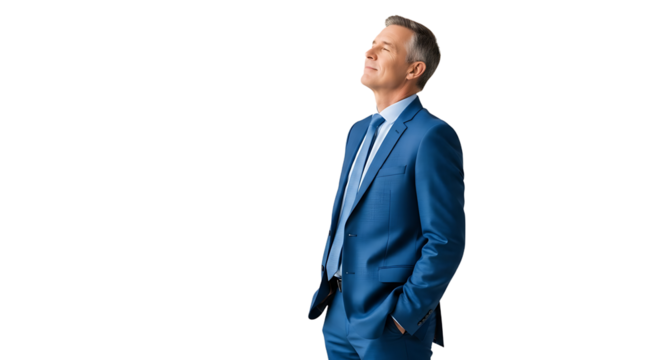Portrait of a Confident Businessman in a Blue Suit with Hands in Pockets Looking Upwards with Eyes Closed