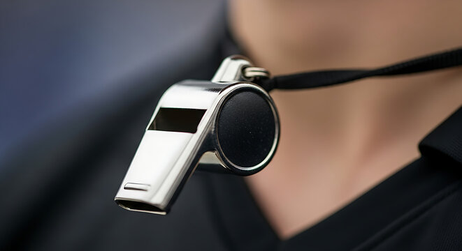 Close up of a sports referee's shiny silver whistle hanging on a black lanyard around their neck