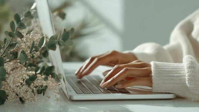 Closeup of female hands working on a laptop at a bright desk with eucalyptus leaves, evoking tranquility and focus. The scene highlights modern remote work and digital creativity in a serene setting