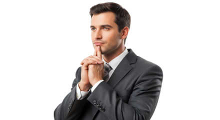 Thoughtful Businessman in a Suit Pondering a Business Decision with Hands Clasped to Chin While Looking Upwards in a Studio Setting with an Isolated Transparent Background