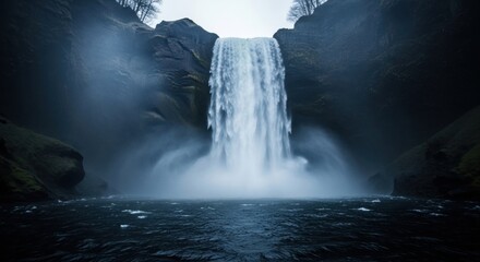 Majestic waterfall cascading down a dark rocky cliff. Powerful water flow creating mist and spray. Dramatic natural landscape for travel and adventure