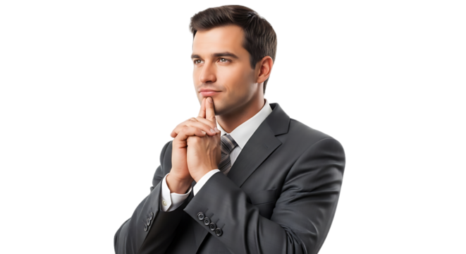 Thoughtful Businessman in a Suit Pondering a Business Decision with Hands Clasped to Chin While Looking Upwards in a Studio Setting with an Isolated Transparent Background