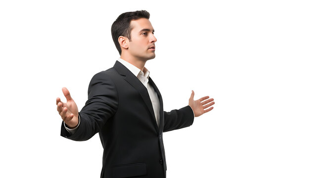 Professional Businessman in Suit Gesturing with Hands Open Showing Engagement and Communication in a Business Setting Isolated on Black Background in a PNG Format