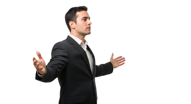Professional Businessman in Suit Gesturing with Hands Open Showing Engagement and Communication in a Business Setting Isolated on Black Background in a PNG Format