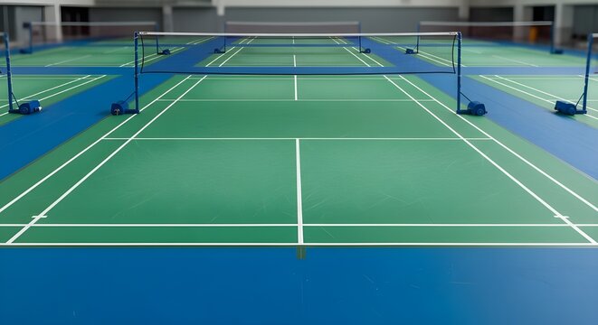 Indoor Badminton Court with Green Floor and Blue Out of Bounds Area