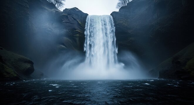 Majestic waterfall cascading down a dark rocky cliff. Powerful water flow creating mist and spray. Dramatic natural landscape for travel and adventure