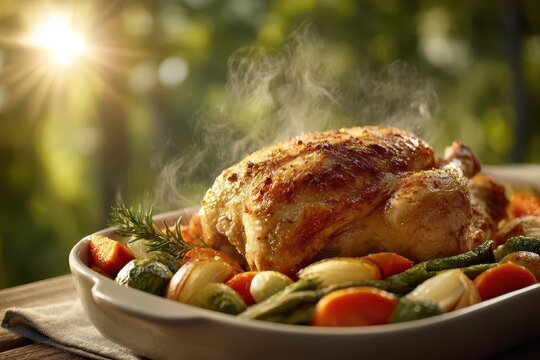 Hearty roasted chicken with vibrant steaming vegetables in bright garden sun.