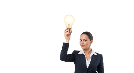 Business Woman Holding a Brightly Lit Light Bulb Suggesting a New Idea or Innovation on an Isolated Background