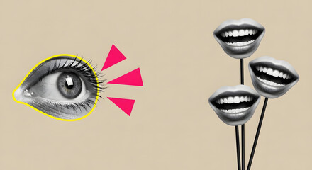 Eye looking at three smiling mouths on sticks against beige background watching observing