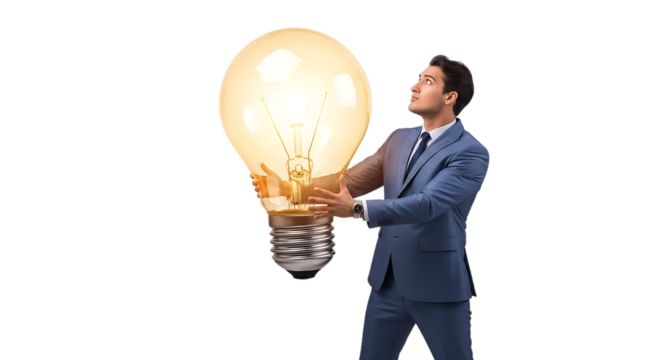 A Confident Businessman in a Blue Suit Holding a Brightly Lit Incandescent Light Bulb Symbolizing Innovation and New Business Ideas in a Studio Setting Isolated Against a Black Background