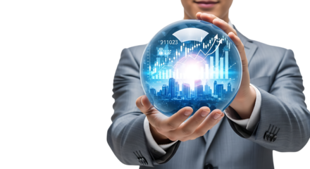 Confident businessman in a suit holding a glowing globe, symbolizing global leadership and innovation, Png, Isolated Background