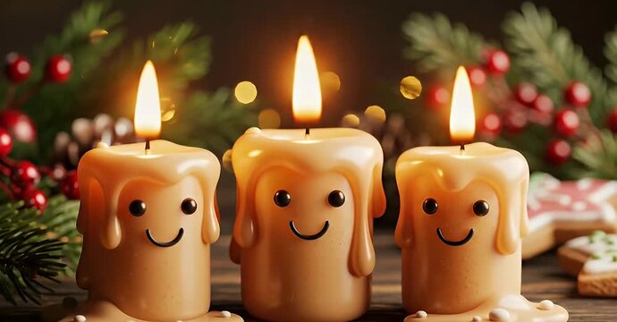 Three cute candles with faces and melted wax, Christmas decorations.