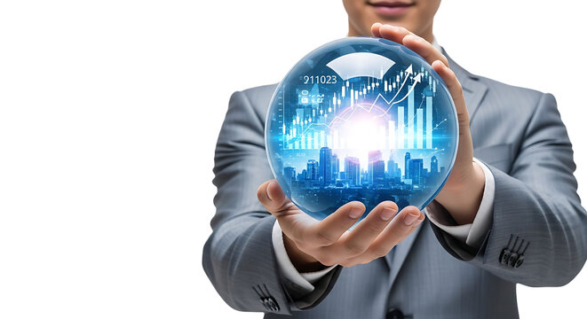 Confident businessman in a suit holding a glowing globe, symbolizing global leadership and innovation, Png, Isolated Background