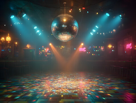 Retro style 70s disco club background with groovy dance floor mirror ball hanging from ceiling and colorful spotlights