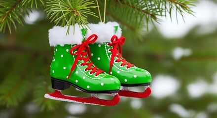 Green polka dot ice skate Christmas ornaments hanging on pine tree ice skate ornament