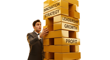 Businessman Carefully Removing A Wooden Block From A Tower Representing Business Growth And Success