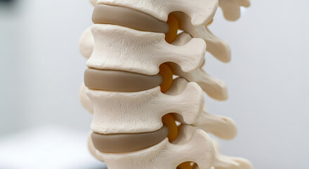 Close up of human spine vertebrae model detail isolated on white background representing health and medical concept