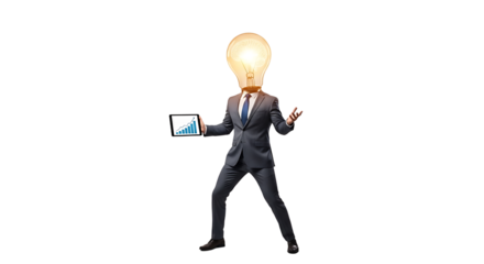 Creative Business Executive with Illuminating Light Bulb Idea Holding a Tablet Showing Financial Growth Chart Isolated on a Plain Background for Concept Illustration