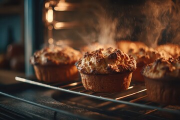 Steaming hot, perfectly baked golden-brown muffins in a warm oven, a delightful treat.