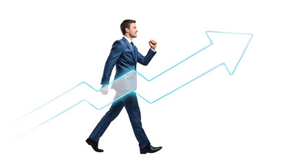 A motivated businessman in a suit confidently walks upwards on a rising arrow graph illustrating financial growth and career progression isolated on a transparent background Business PNG