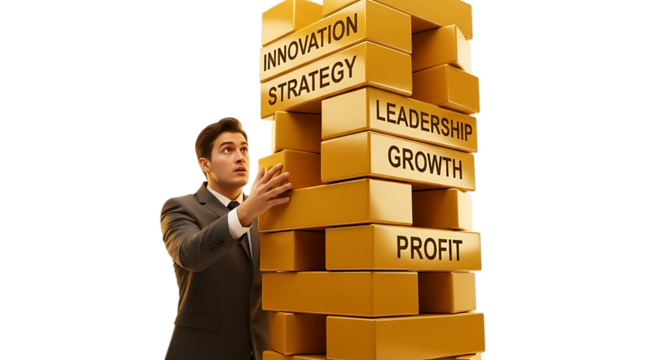 Businessman Carefully Removing A Wooden Block From A Tower Representing Business Growth And Success