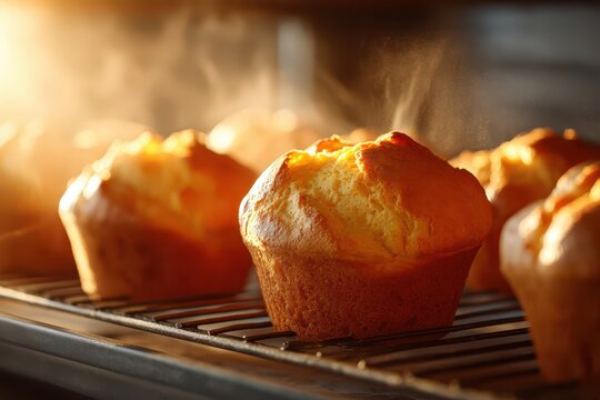 Golden muffins baking in a warm oven, steam rising, radiating comfort.