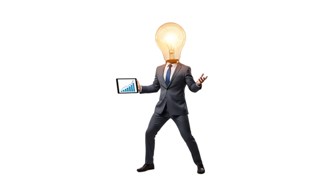 Creative Business Executive with Illuminating Light Bulb Idea Holding a Tablet Showing Financial Growth Chart Isolated on a Plain Background for Concept Illustration