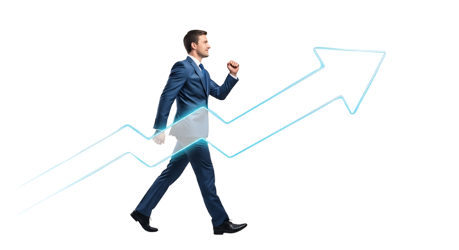 A motivated businessman in a suit confidently walks upwards on a rising arrow graph illustrating financial growth and career progression isolated on a transparent background Business PNG - Powered by Adobe