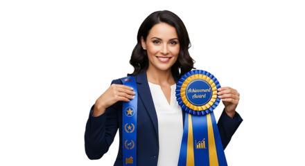 Successful Business Woman Proudly Displaying Multiple Award Ribbons Celebrating Achievements Recognition and Professional Excellence in a Studio Portrait Against a Solid Isolated Background PNG