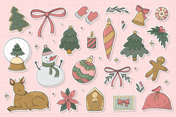 Christmas doodles, cartoon stickers collection on pink background for cards, prints, posters, banners, social media visuals. EPS 10