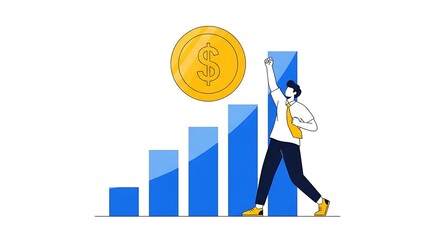 Man celebrating financial growth with rising bar chart and dollar coin business finance