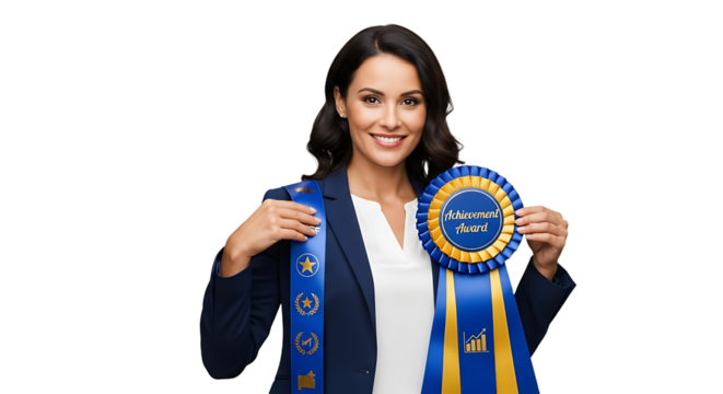 Successful Business Woman Proudly Displaying Multiple Award Ribbons Celebrating Achievements Recognition and Professional Excellence in a Studio Portrait Against a Solid Isolated Background PNG