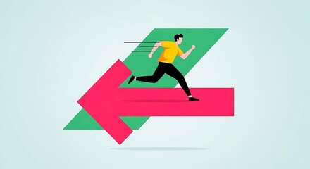 Man running forward on red arrow with green background abstract shapes image