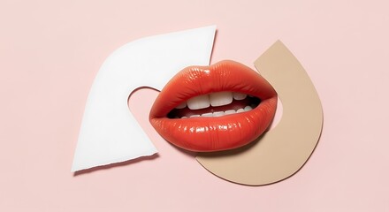 Open Coral Lips with White Teeth and Abstract Shapes open mouth coral lipstick