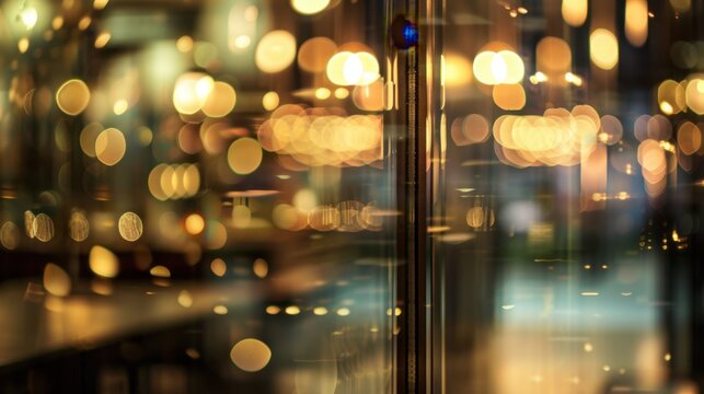 A blurred background of warm, glowing lights creates a cozy atmosphere. The scene suggests a lively bar or restaurant setting with a modern design.