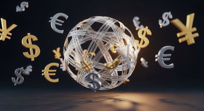Transparent currency sphere, Clear globe surrounded by financial symbols and oversight
