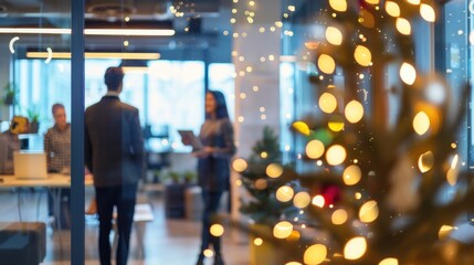 Blurred office scene with diverse people in business attire and Christmas tree with lights, representing holiday work environment.