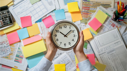 Person holding a clock above a messy office desk covered with colorful sticky notes, documents, and charts, symbolizing stress and time management