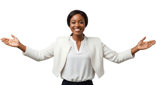 A Smiling Young Professional Woman in a Blazer with Arms Open Wide Welcomingly Presenting Something to the Viewer in a Studio Portrait Shot Isolated on a Black Background