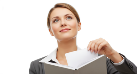 Professional business woman thoughtfully looking upwards while holding and placing documents inside a notebook isolated on a transparent background for design