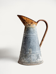 Jarra met&aacute;lica oxidada aislada en fondo blanco
