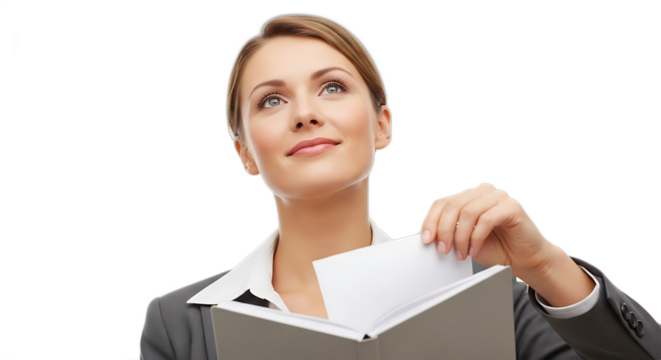Professional business woman thoughtfully looking upwards while holding and placing documents inside a notebook isolated on a transparent background for design