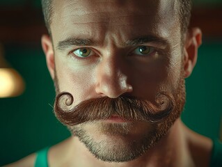 Close-up portrait of a Caucasian male with a prominent mustache and intense green eyes.