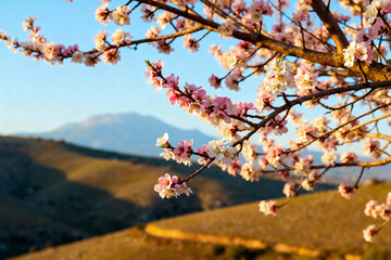 Fototapeta premium Beautiful almond tree blossoms with mountain backdrop at golden hour