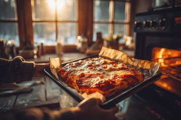 Warm homemade pizza with melted cheese and tomato, fresh from a cozy oven.