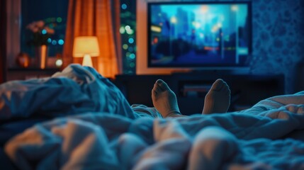 Cozy bedroom scene with a bed covered in blankets. Two pairs of feet visible, a warm lamp glowing, and a television displaying a colorful cityscape.