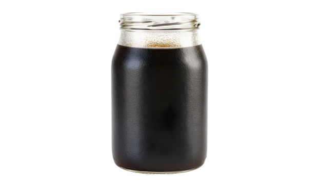 Dark liquid in a glass jar isolated on transparent background