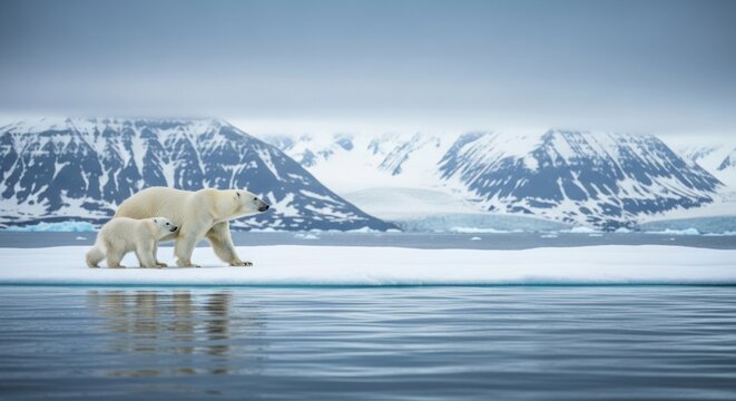 Polar bear mother with her cub walking on an ice floe in the arctic ocean. Wildlife conservation and climate change awareness. Survival in a cold northern environment with snowy mountains