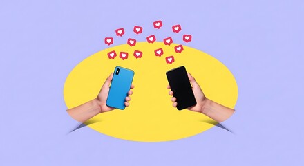 Two hands holding smartphones with red heart icons floating upwards mobile phone blue phone