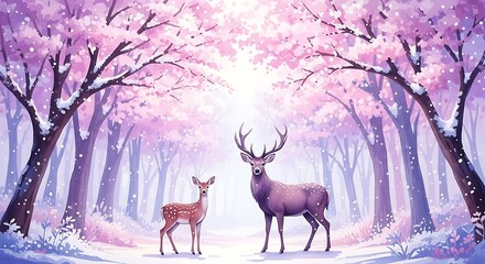Two deer in a snowy forest with pink blooming trees fawn winter